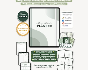Digital Planner, Undated Portrait Minimalist, Goodnotes Notability iPad Planner, Daily Weekly Monthly, Green