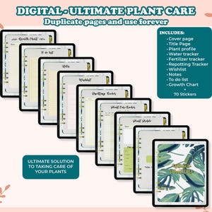 May include: Digital planner for plant care with a tropical leaf design on the cover. The planner includes pages for tracking growth, watering, fertilizing, repotting, and a to-do list. It also includes 70 stickers.