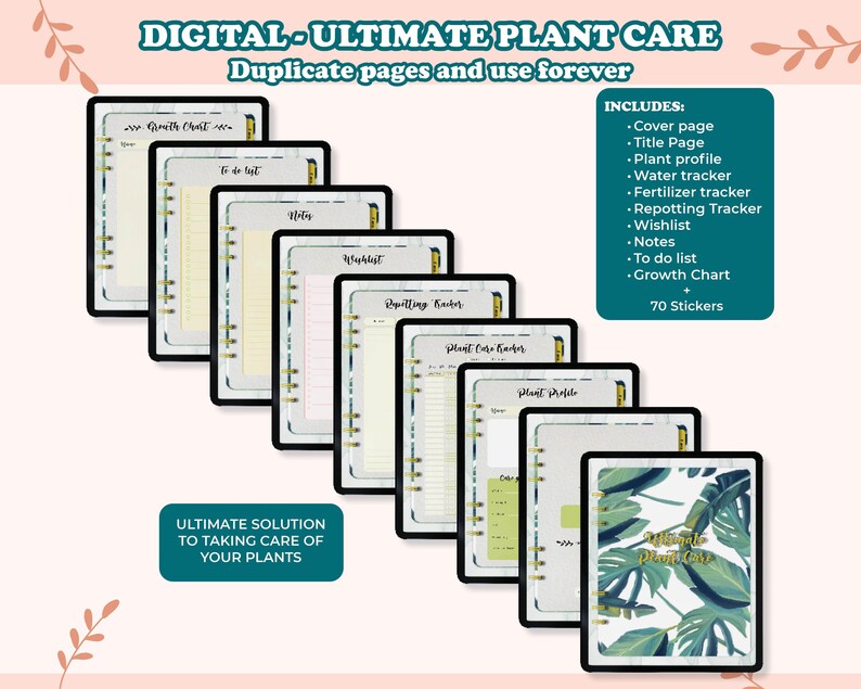 May include: Digital planner for plant care with a tropical leaf design on the cover. The planner includes pages for tracking growth, watering, fertilizing, repotting, and a to-do list. It also includes 70 stickers.