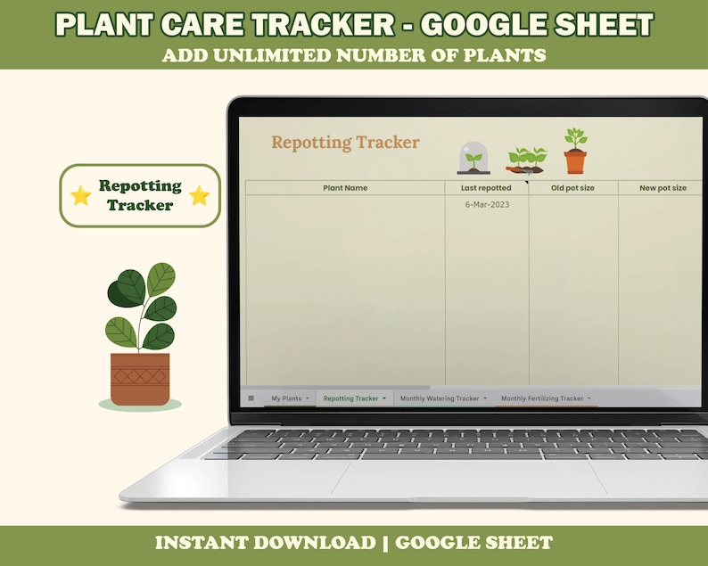 Op de afbeelding: Een laptop toont een spreadsheet voor plantenverzorging. Het scherm toont een "Repotting Tracker" met velden voor plantnaam, laatst verpotte datum en potmaten. Een afbeelding van een plant in een pot staat links.