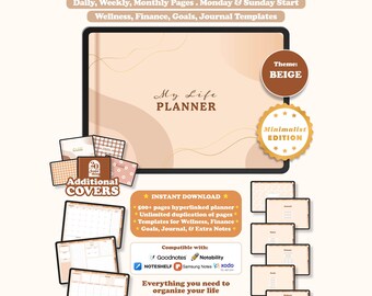 Digital Planner, Undated Landscape Minimalist, Goodnotes Notability iPad Planner, Daily Weekly Monthly, Beige