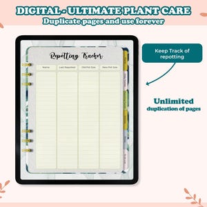 May include: Digital planner page for tracking plant repotting. The page has columns for plant name, last repotted date, old pot size, and new pot size. The page is designed to be used with a digital planner app and can be duplicated as many times as needed.