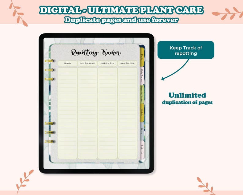 May include: Digital planner page for tracking plant repotting. The page has columns for plant name, last repotted date, old pot size, and new pot size. The page is designed to be used with a digital planner app and can be duplicated as many times as needed.