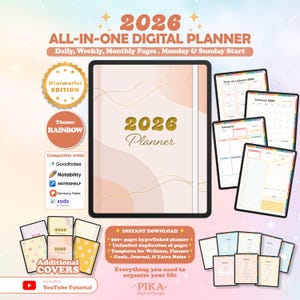 May include: A digital planner for 2026 with a minimalist design and rainbow theme. The planner includes daily, weekly, and monthly pages, and is compatible with Goodnotes, Notability, and other apps. Additional covers and a YouTube tutorial are included.