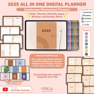 2025 Digital Planner, Dated Digital Planner, Goodnotes Notability, Daily Weekly Monthly Planner iPad Planner, Landscape Horizontal Planner