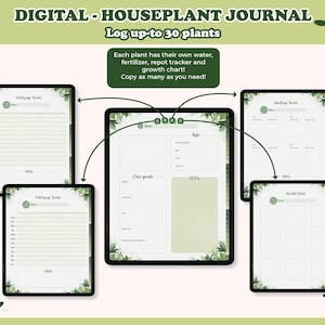 May include: Digital houseplant journal displayed on tablets. The journal includes sections for logging up to 30 plants, with water, fertilizer, repotting, and growth charts. The text reads: "DIGITAL - HOUSEPLANT JOURNAL Log up-to 30 plants."