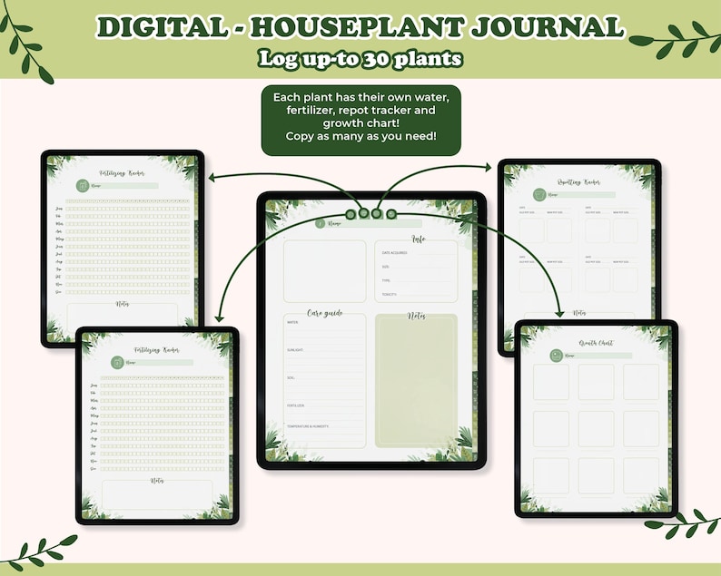 May include: Digital houseplant journal displayed on tablets. The journal includes sections for logging up to 30 plants, with water, fertilizer, repotting, and growth charts. The text reads: "DIGITAL - HOUSEPLANT JOURNAL Log up-to 30 plants."