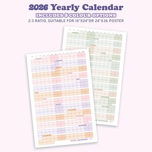 May include: Two 2026 yearly calendars with a pastel color scheme. The calendars include 3 color options and are suitable for 16"x24" or 24"x36" posters. The text "2026 Yearly Calendar" is at the top.