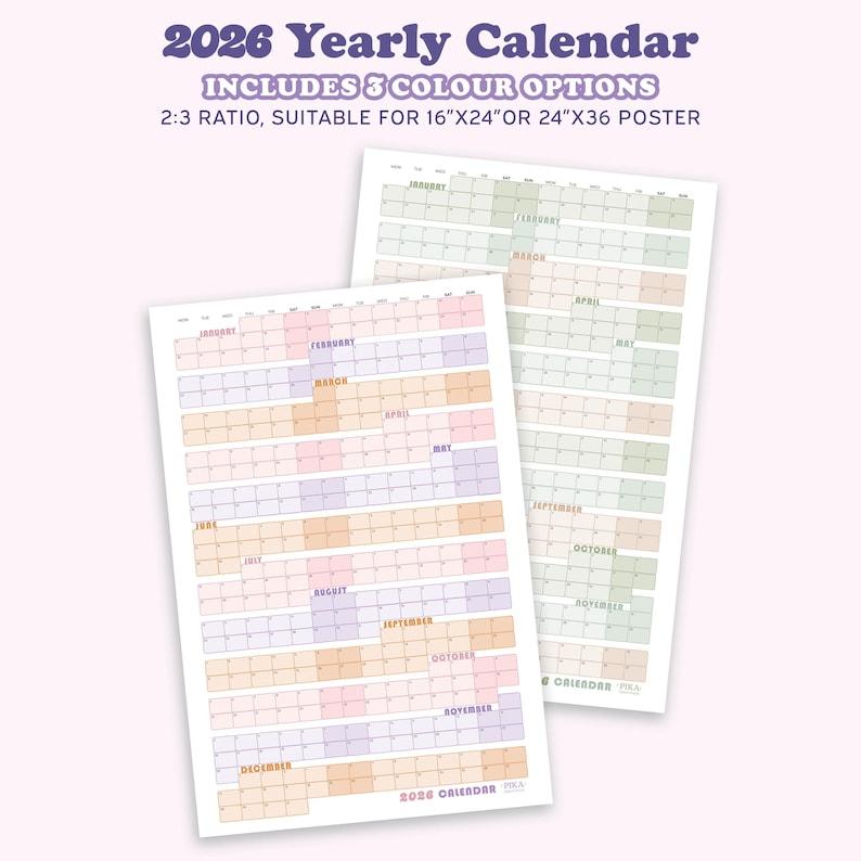 May include: Two 2026 yearly calendars with a pastel color scheme. The calendars include 3 color options and are suitable for 16"x24" or 24"x36" posters. The text "2026 Yearly Calendar" is at the top.