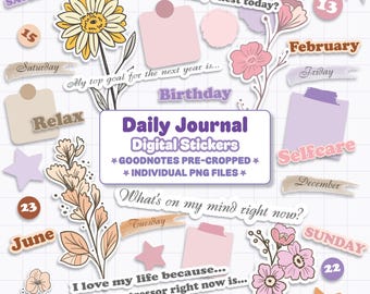 Pegatinas para diario digital, pegatinas para diario, pegatinas para bullet journal, diario digital para iPad Goodnotes, pegatinas precortadas y PNG.