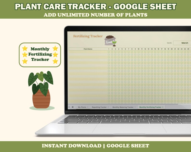 Op de afbeelding: Een laptop met een spreadsheet voor plantenverzorging. Het scherm toont een bemestings-tracker met een raster voor plantenverzorging. De afbeelding bevat de tekst "PLANT CARE TRACKER - GOOGLE SHEET" en "ADD UNLIMITED NUMBER OF PLANTS". Een afbeelding van een potplant is ook inbegrepen.