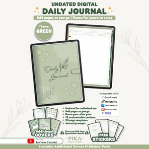 Może przedstawiać: Niedatowany cyfrowy dziennik w zielonej kolorystyce z okładką ozdobioną kwiatowymi rysunkami liniowymi i napisem Daily Journal. Zestaw zawiera dodatkowe opcje okładek, darmowe cyfrowe naklejki oraz ikony kompatybilności z aplikacjami.