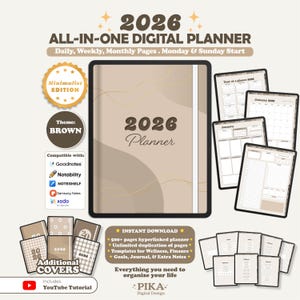 May include: A digital planner for 2026 with a minimalist brown theme. The planner includes daily, weekly, and monthly pages, starting on Monday and Sunday. Additional covers are included, and it is compatible with Goodnotes, Notability, Noteshelf, Samsung Notes, and xodo.