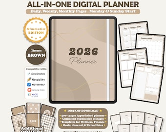 Digital Planner 2026, Dated Digital Planner, Goodnotes Notability, Daily Weekly Monthly Planner iPad Planner,Portrait Vertical Planner Brown