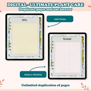 May include: Two digital planner pages with a green and white marble background. The first page is titled "Notes" and the second page is titled "Wishlist". Both pages have a gold spiral binding and a tabbed divider. The text "Duplicate pages and use forever" is at the top of the image.