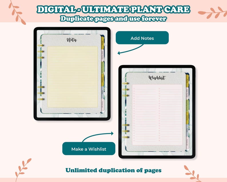 May include: Two digital planner pages with a green and white marble background. The first page is titled "Notes" and the second page is titled "Wishlist". Both pages have a gold spiral binding and a tabbed divider. The text "Duplicate pages and use forever" is at the top of the image.