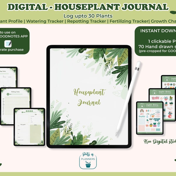 Journal numérique des plantes d'intérieur | Planificateur d'entretien des plantes | Suivi des soins des plantes | Planificateur numérique pour GoodNotes | Planificateur iPad | Planificateur de bonnes notes