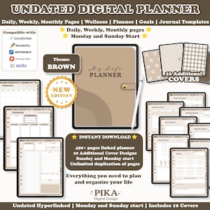 May include: A digital planner with a brown cover and the text "My Life Planner" in white. The planner includes daily, weekly, and monthly pages, as well as wellness, finance, goals, and journal templates. It is compatible with Goodnotes, Notability, Noteshelf, Samsung Notes, and Xodo. The planner is available for instant download and includes 450+ pages, 10 additional cover designs, and unlimited duplication of pages. The planner is undated and has both Monday and Sunday start options. It also includes 10 additional covers.