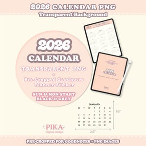 May include: Digital planner sticker set for 2026, featuring a calendar design. The image includes a circular sticker with the text "2026 CALENDAR" and a tablet displaying a calendar. The set is pre-cropped for Goodnotes and PNG images. The calendar is 6.35 cm wide and 4.06 cm tall.