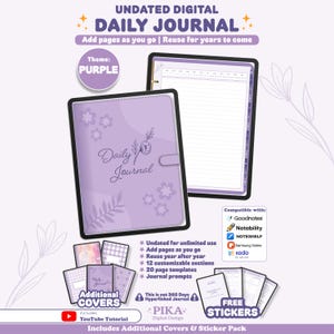 May include: An undated digital daily journal in purple with floral accents, featuring a tablet display of the cover and an open lined page. Includes additional cover options, a sticker pack, and compatibility icons for Goodnotes, Notability, and others.