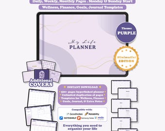 Digital Planner, Undated Landscape Minimalist, Goodnotes Notability iPad Planner, Daily Weekly Monthly, Purple