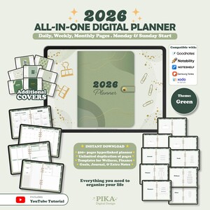 Puede incluir: Un planificador digital para 2026 con un tema verde, con páginas diarias, semanales y mensuales. Incluye cubiertas adicionales, plantillas para bienestar, finanzas, objetivos y entradas de diario. Compatible con Goodnotes, Notability, etc. Incluye un tutorial de YouTube.