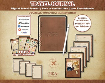 Digital Travel Journal, Travel Planner, Ipad Travel Planner,  Vintage Travel Log, Digital Travel Stickers, Goodnotes Travel Planner Journal