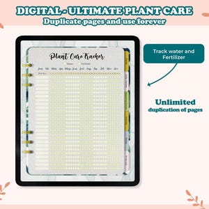 May include: Digital planner with a green and white watercolor background. The planner is titled "Plant Care Tracker" and has a grid for tracking water and fertilizer for plants. The text "Unlimited duplication of pages" is visible on the right side of the image.