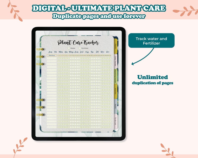 May include: Digital planner with a green and white watercolor background. The planner is titled "Plant Care Tracker" and has a grid for tracking water and fertilizer for plants. The text "Unlimited duplication of pages" is visible on the right side of the image.