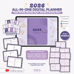 May include: A digital planner for 2026 with a purple theme, featuring daily, weekly, and monthly pages. Includes additional covers, templates for wellness, finance, goals, and journal. Compatible with Goodnotes, Notability, and more. Includes a YouTube tutorial.