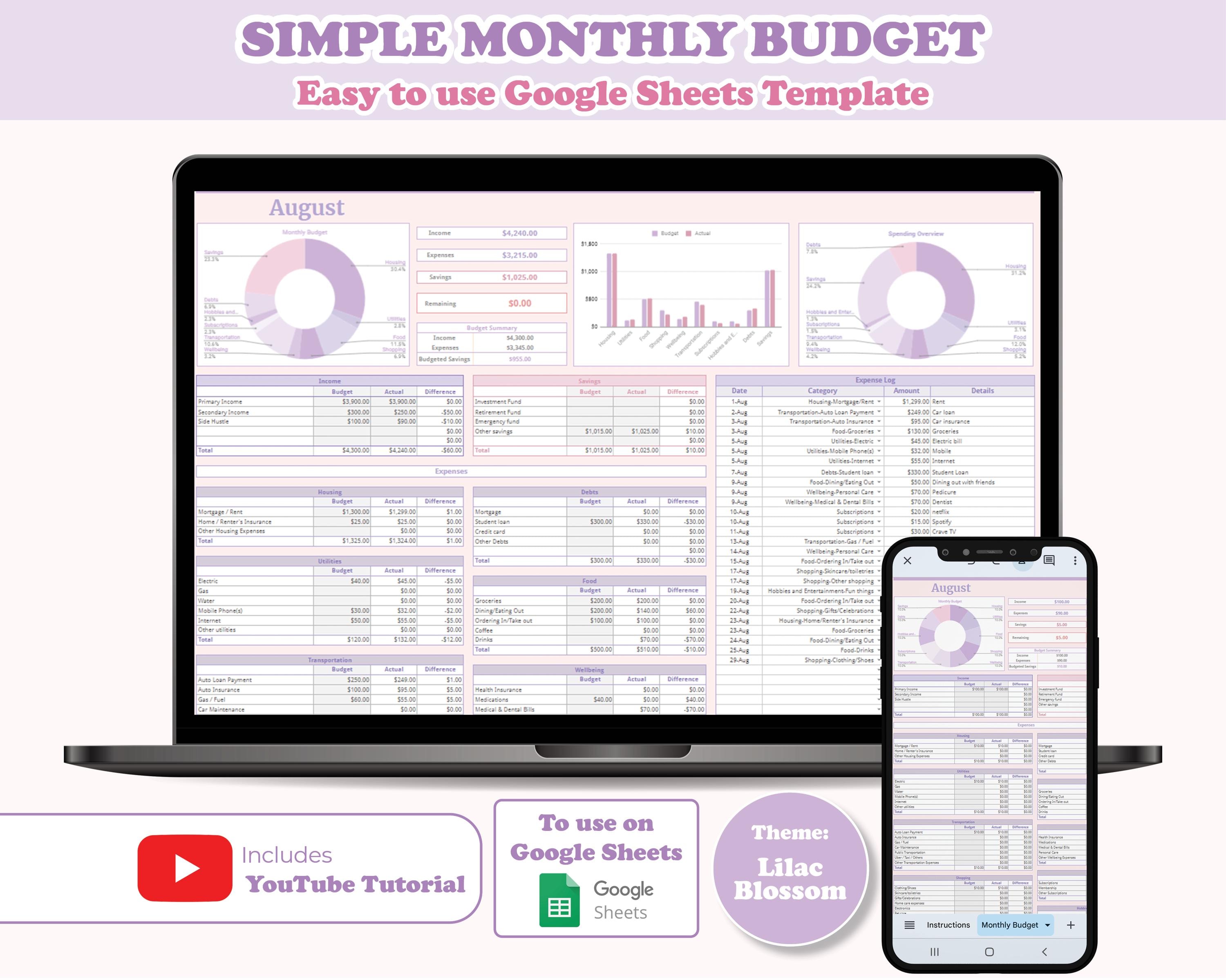 Monthly Budget Planner: Google Sheets Finance Tracker (digital Download ...