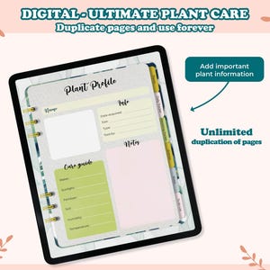 May include: Digital planner page template for plant care. The page has sections for plant profile, care guide, and notes. The page is designed to be duplicated and used forever.