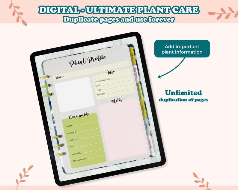 May include: Digital planner page template for plant care. The page has sections for plant profile, care guide, and notes. The page is designed to be duplicated and used forever.