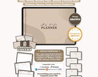 Digital Planner, Undated Landscape Minimalist, Goodnotes Notability iPad Planner, Daily Weekly Monthly, Brown
