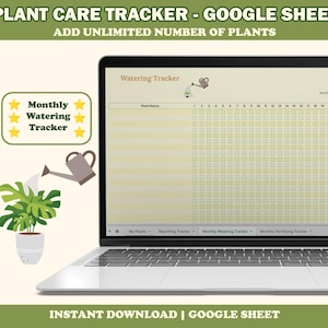 Op de afbeelding: Een laptop toont een spreadsheet voor plantenverzorging. Het scherm toont een watergeeftracker met een raster voor plantenverzorging. De afbeelding bevat de tekst "PLANT CARE TRACKER - GOOGLE SHEET" en "ADD UNLIMITED NUMBER OF PLANTS".