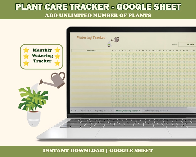 Op de afbeelding: Een laptop toont een spreadsheet voor plantenverzorging. Het scherm toont een watergeeftracker met een raster voor plantenverzorging. De afbeelding bevat de tekst "PLANT CARE TRACKER - GOOGLE SHEET" en "ADD UNLIMITED NUMBER OF PLANTS".