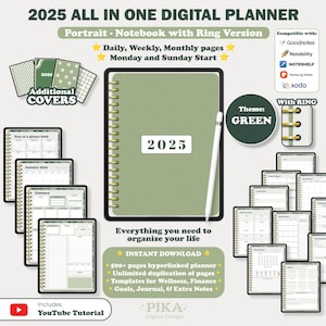 2025 Digital Planner | GoodNotes Planner, Daily Weekly Monthly Planner, Notability IPad Planner, Portrait Planner | Digital Planner Green