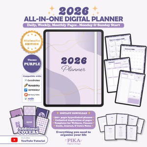 May include: A digital planner for 2026 with a minimalist purple theme. The planner includes daily, weekly, and monthly pages, and is compatible with Goodnotes, Notability, Noteshelf, and Samsung Notes. Additional covers and a YouTube tutorial are included.