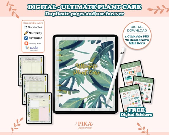 Digital Plant Care Planner: Tracker & Journal with Stickers (PDF)