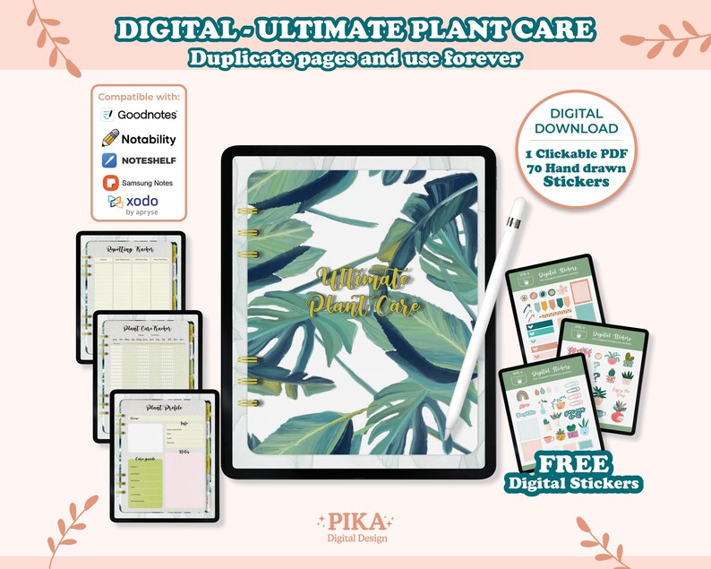 May include: Digital planner with a tropical leaf design. The planner is compatible with Goodnotes, Notability, Noteshelf, Samsung Notes, and Xodo. It includes 70 hand-drawn stickers.