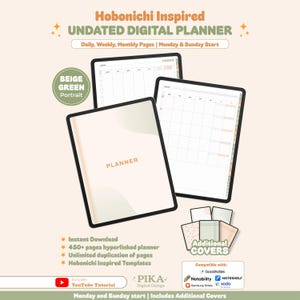 Op de afbeelding: Een digitale planner in beige en groene kleurstelling, voorzien van een omslag met de tekst PLANNER en interne pagina's met een raster. De set bevat extra omslagontwerpen en is compatibel met apps zoals Goodnotes, Notability en Xodo.