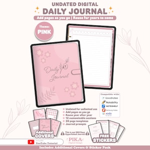 Könnte beinhalten: Ein undatiertes digitales Tagebuch in Rosa mit floralen Linienzeichnungen auf dem Einband. Das Display zeigt eine Tablet-Ansicht mit einer linierten Seite und Registerkarten. Enthält zusätzliche Cover-Optionen, ein Sticker-Paket und Kompatibilitätssymbole für Goodnotes, Notability, Noteshelf, Samsung Notes und Xodo.