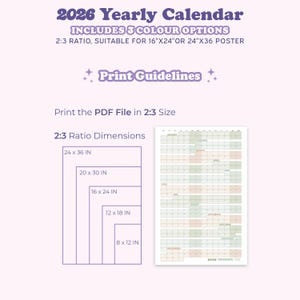 May include: A 2026 yearly calendar with a 2:3 ratio, suitable for 16"x24" or 24"x36" posters. The design includes 3 color options. The image also shows print guidelines and 2:3 ratio dimensions in inches.