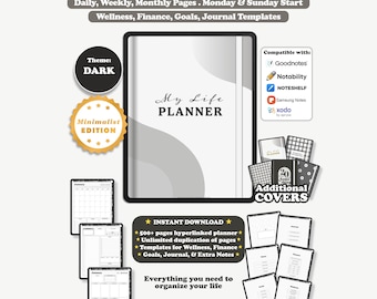 Digital Planner, Undated Portrait Minimalist, Goodnotes Notability iPad Planner, Daily Weekly Monthly, Dark