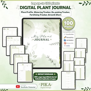 Peut inclure: Journal de plantes numérique avec un design vert et blanc. Le journal comprend des profils de plantes, des suivis d'arrosage et des graphiques de croissance. Le texte sur le journal indique "My Plant Journal". Compatible avec Goodnotes, Notability, Noteshelf, Samsung Notes et xodo.
