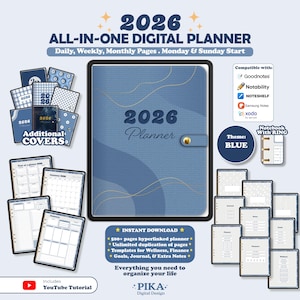 May include: A 2026 digital planner in blue, with daily, weekly, and monthly pages. Includes additional covers, templates for wellness and finance, and a YouTube tutorial. Compatible with Goodnotes, Notability, and other apps.