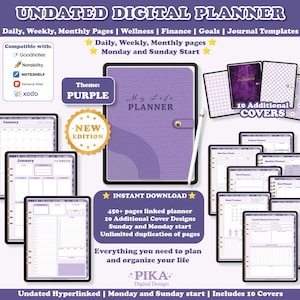 May include: Purple digital planner with a "My Life Planner" title. The planner includes daily, weekly, and monthly pages, wellness, finance, goals, and journal templates. It is compatible with Goodnotes, Notobility, Noteshelf, Samsung Notes, and Xodo. The planner comes with 10 additional covers and is a new edition.