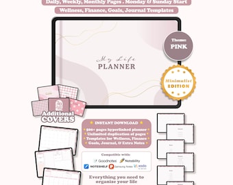 Digital Planner, Undated Landscape Minimalist, Goodnotes Notability iPad Planner, Daily Weekly Monthly, Pink