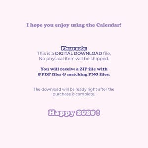 May include: A light purple background with text in a variety of fonts. The text includes "I hope you enjoy using the Calendar!", "Please note: This is a DIGITAL DOWNLOAD file, No physical item will be shipped.", and "Happy 2026!"
