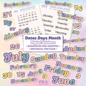 May include: A collection of digital stickers with dates, days, and months in a retro font style. The stickers include the months of the year, days of the week, and numbers. The color palette is pastel with a gradient background.
